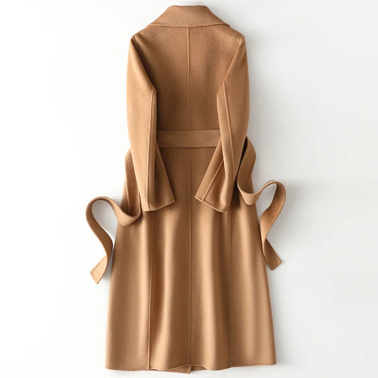 2025 Autumn 100% Wool Coats With Belt Fashion Open Stitch Elegant Woolen Cashmere Coat Veste Femme Tops-belleandkai.com