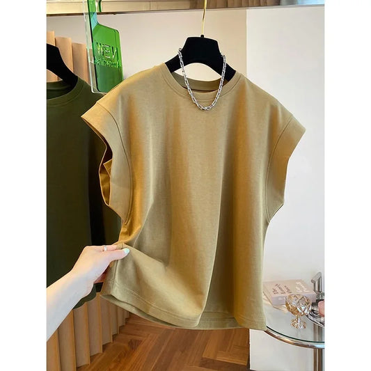 Osaka New Design SensibilityNiche Women's Short Sleeve T-Shirt Loose Fit Casual Slimming Cotton Crew Neck Leaflet Sleeve Top-belleandkai.com