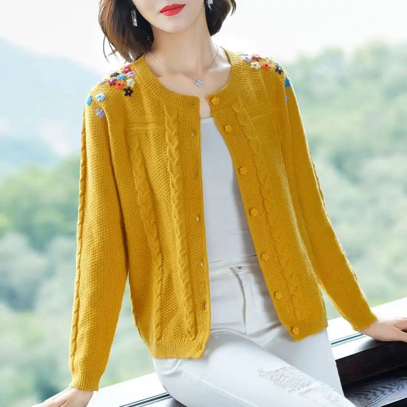Plant&Flowers Hook Flower Hollow Women's Clothing Lantern Long Sleeve Sweater Knitted Cardigan Autumn Winter Round Neck Tops-belleandkai.com