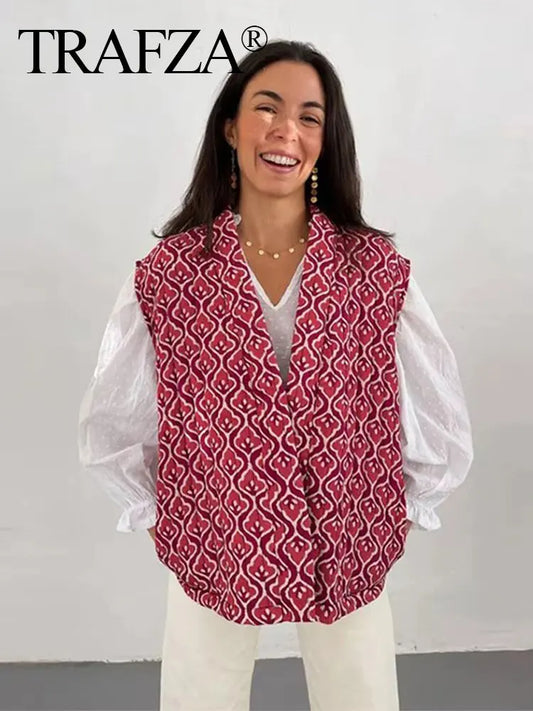 TRAFZA Women Fashion Print Vest Quilted Sleeveless Loose Open Stitch Cardigan Coat Female Chic Casual Street Woman Waistcoat Top-belleandkai.com