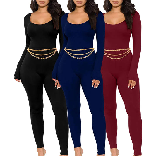 Sexy fashion solid color U-neck tight women's jumpsuit JX5634-belleandkai.com