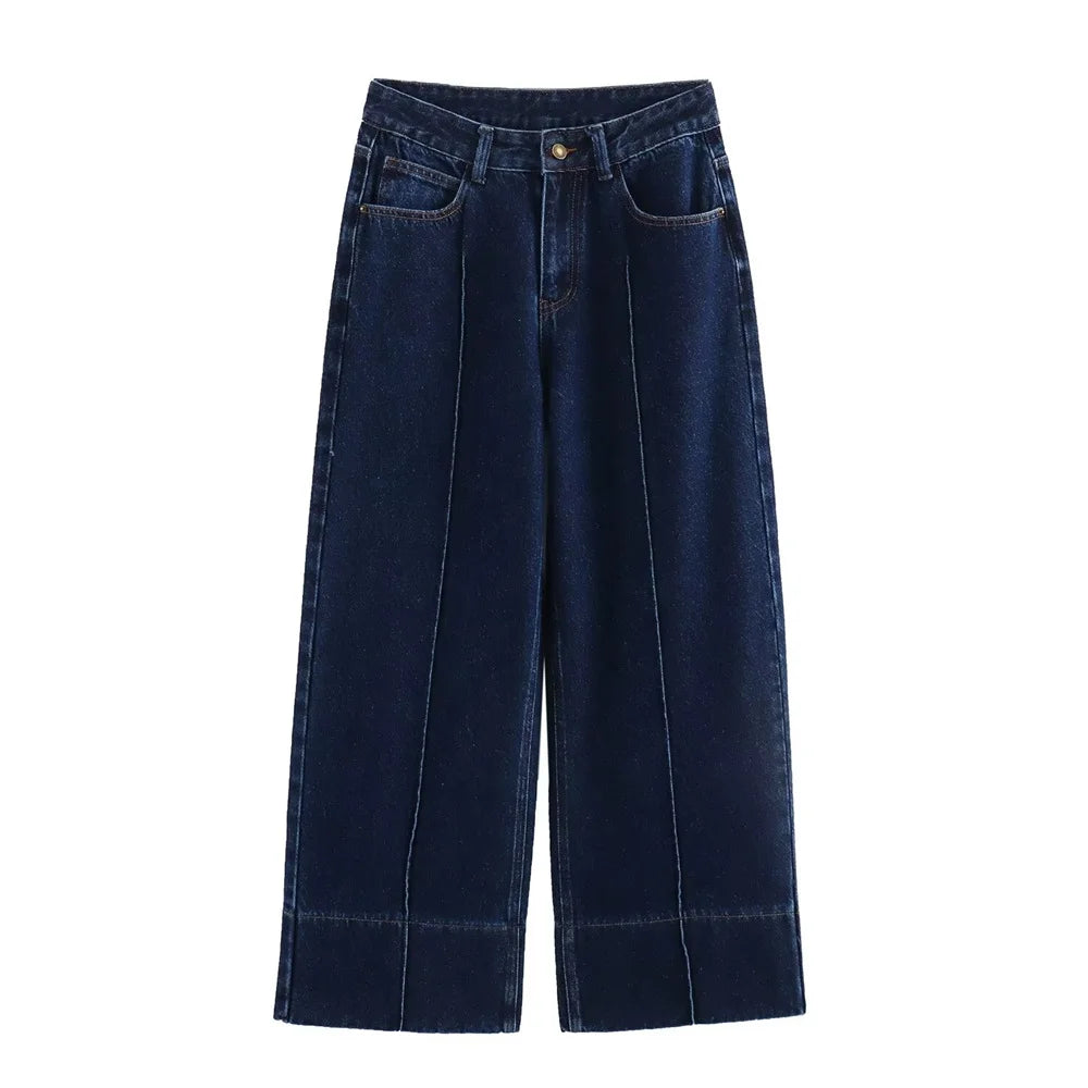 Summer New Product Casual Women's Fashion Solid Color Versatile Loose Simple High Waist Wide Leg Jeans-belleandkai.com