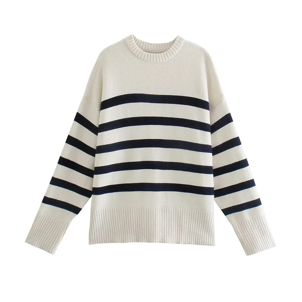 TRZA Fashion Oversized Striped Pullovers Women Knitted Basic Autumn Winter Loose-Fitting Thick Jumpers Sweaters Female Clothing-belleandkai.com