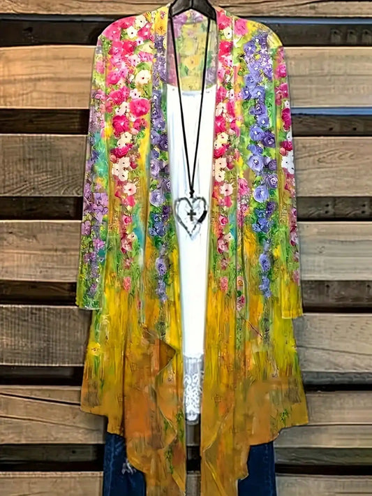 Plus Size 1XL-5XL Spring Summer Women's Fashion Cardigan Jacket Women Casual Flower Print Long Sleeve Open Loose Outwear Coat-belleandkai.com