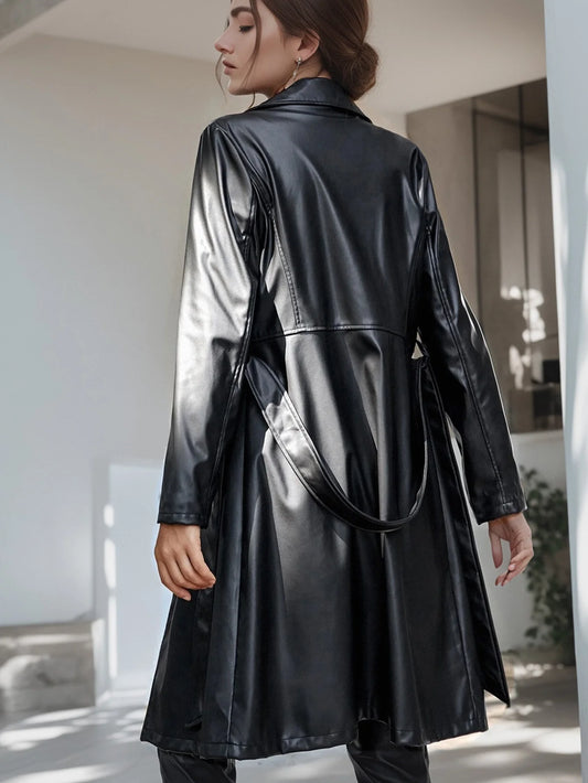 PU Leather Lapel Long Sleeve Coat, Belted Casual Outerwear For Fall & Spring, Women's Clothing-belleandkai.com