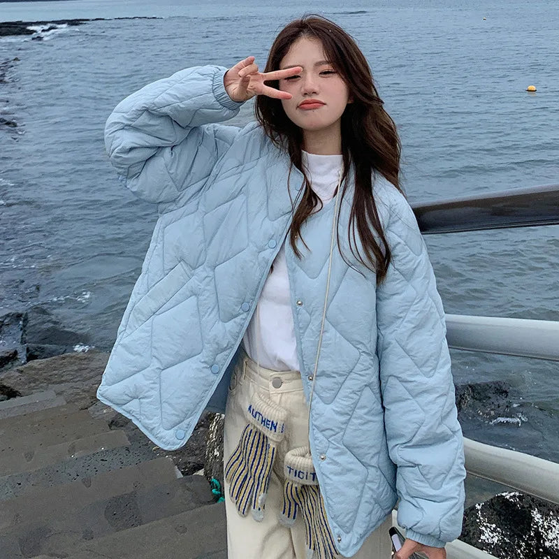 Autumn Winter Quilted Jacket Women Cotton Coat Warm Parkas Single-breasted Long Sleeve Design O-neck Outerwear Black Blue Yellow-belleandkai.com