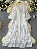 Summer New Retro Lace Patchwork Dress for Women Sweet V-neck Lantern Sleeves Loose A-line Length Vacation Beach Dress D05-belleandkai.com