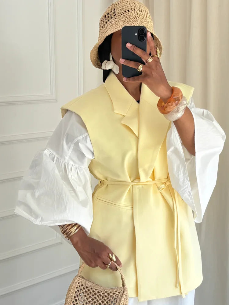 Casual Lace Up Sleeveless Suit Jacket Women Loose Solid Lapel Button Padded Shoulder Coat 2025 Summer Commute Street Lady Coats-belleandkai.com