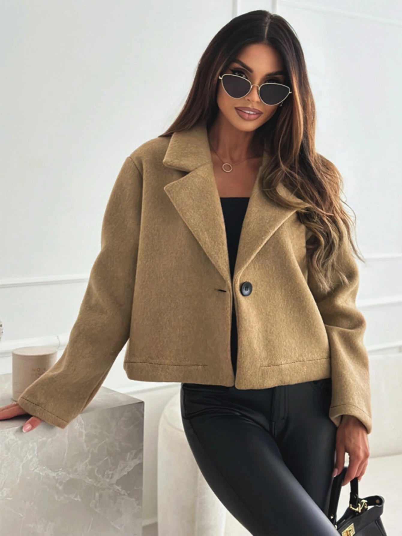 2024 autumn and winter fashion versatile suit collar solid colour short tweed jacket women-belleandkai.com