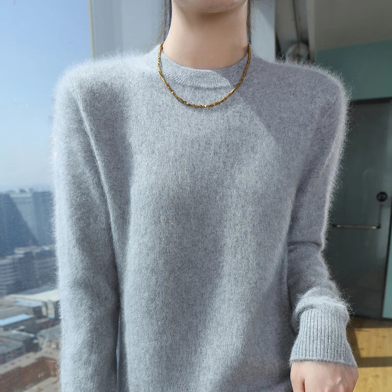 Autumn Winter Half-High-Necked Mink Cashmere Sweater Women's Pullover Loose Large Size Knitted Bottoming Shirt Thickened Warm-belleandkai.com