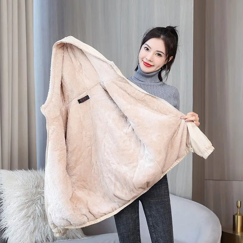 Women's Fleece Coat Winter Warm Thicken Solid Windbreaker Hooded Cotton Plush Hooded Jackets Casual Outdoor Windproof Jacket-belleandkai.com