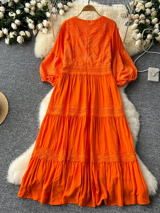 Summer New Retro Lace Patchwork Dress for Women Sweet V-neck Lantern Sleeves Loose A-line Length Vacation Beach Dress D05-belleandkai.com