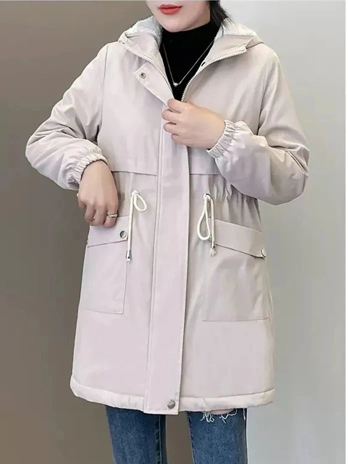 Women Windbreaker Jackets 2025 New Autumn Winter Mid-Length Loose Coat Hooded Lace-up Female Jacket Plus Velvet Warm Outwear Fe-belleandkai.com