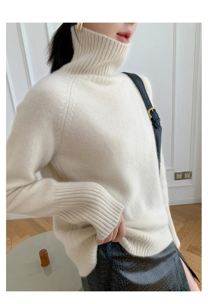 Women's Turtleneck Cashmere Sweater Loose Thickened Pullover Korean Style Lazy Wind Heavy for Autumn Winter-belleandkai.com