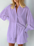 Women Jacquard Puff Sleeves Two Piece Sets for Summer Fashion Loose Shorts and Long Sleeved Shirt Outfits-belleandkai.com