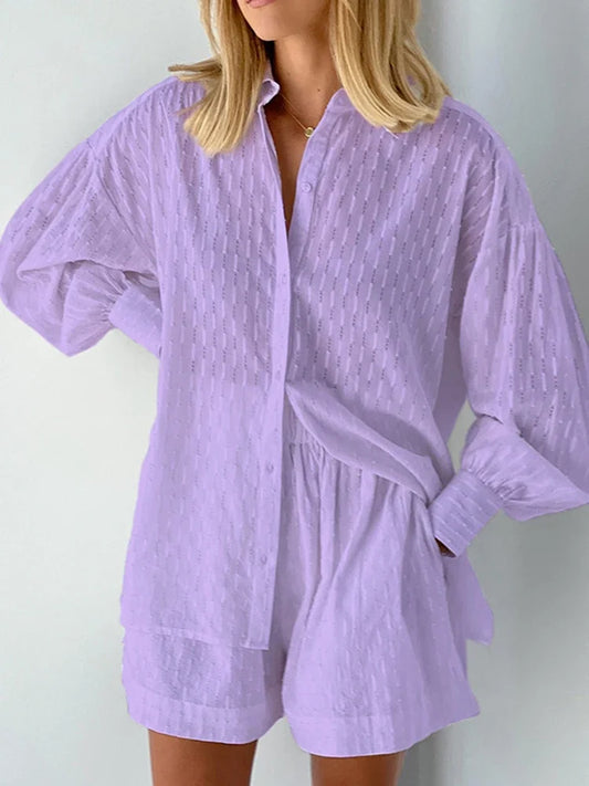 Women Jacquard Puff Sleeves Two Piece Sets for Summer Fashion Loose Shorts and Long Sleeved Shirt Outfits-belleandkai.com