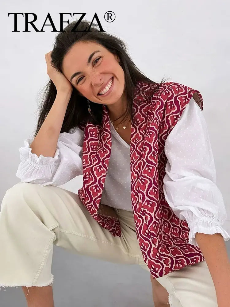 TRAFZA Women Fashion Print Vest Quilted Sleeveless Loose Open Stitch Cardigan Coat Female Chic Casual Street Woman Waistcoat Top-belleandkai.com