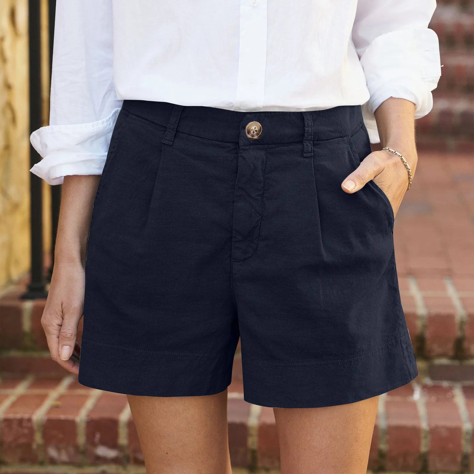 Women'S Summer Shorts Soft Stretch Twill Shorts With Side Pockets Classic Solid Straight Button Daily Commute Comfy Shorts-belleandkai.com