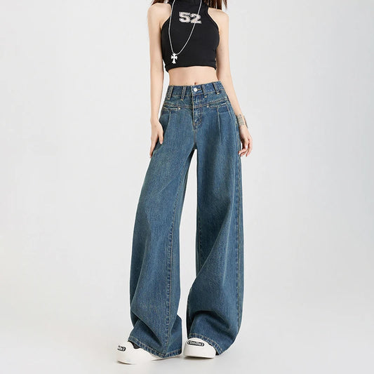 Woman Jeans High Waist Wide Leg Cotton Denim Clothing Design Sense Straight Pant Fashion Comfort White Retro Blue Casual Trouser-belleandkai.com