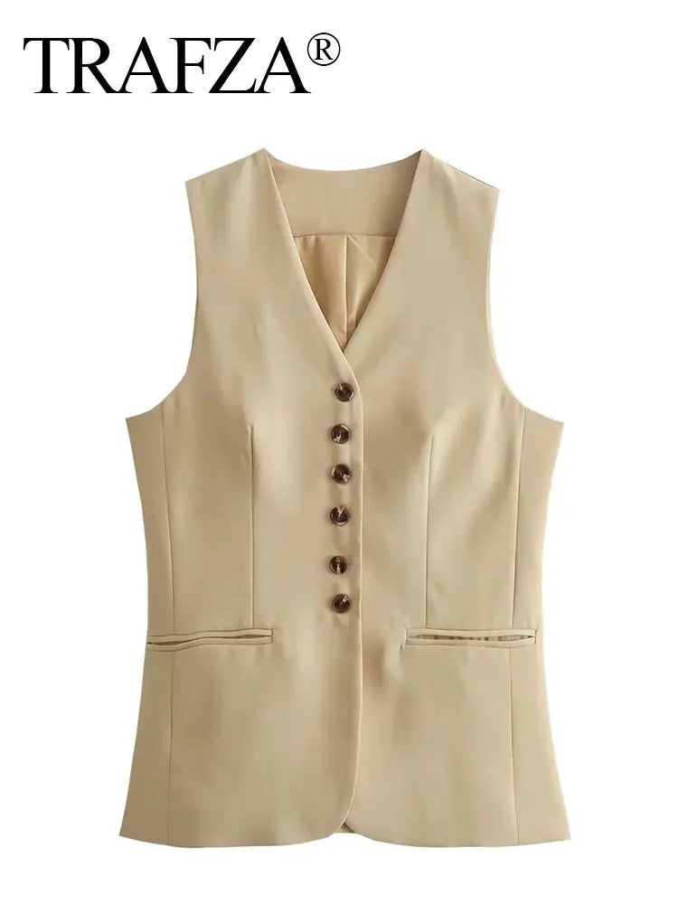 TRAFZA Summer Vests For Women V-Neck Chic Single Breasted Long Vest Top Female Casual Sleeveless Waistcoat Fashion Streetwear-belleandkai.com