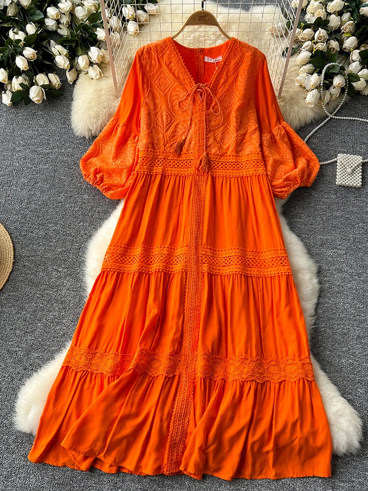 Summer New Retro Lace Patchwork Dress for Women Sweet V-neck Lantern Sleeves Loose A-line Length Vacation Beach Dress D05-belleandkai.com