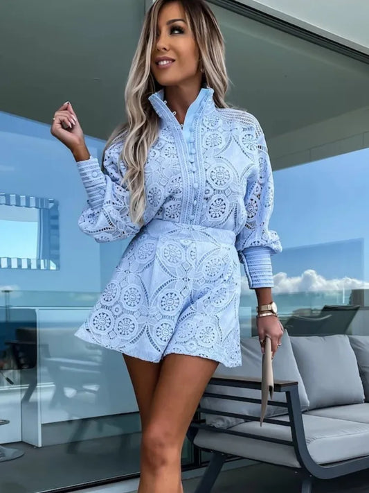 Vintage White Lace Shirt Shorts Sets Women Spring Summer Long Sleeve Button Top Shorts 2 Piece Set Elegant Party Outfits Femme-belleandkai.com