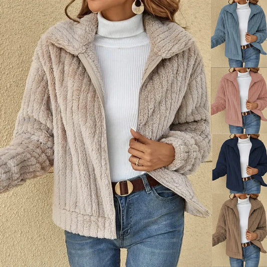 Autumn Winter Women Warm Furry Jacket New Fashion Patchwork Lapel Overcoat Female New Elegant Casual Communte Holiday Outerwears-belleandkai.com