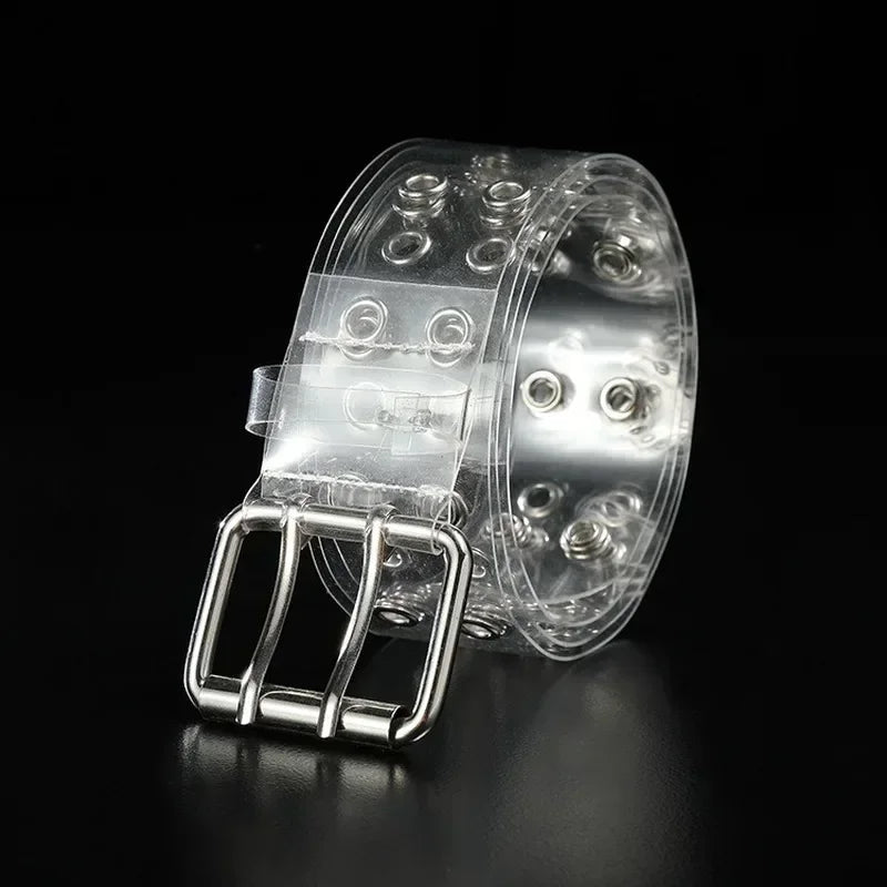 Women Summer Fashion Creative Gifts Waistband Transparent Two Row PVC Belt Laser Invisible Square Pin Buckle Multi Hole Belts-belleandkai.com