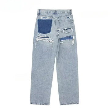 Women's Fashion Jeans Solid Colour Loose Trousers Gradient Colour Casual Streetwear Pant Broken Holes Decorated Jeans-belleandkai.com