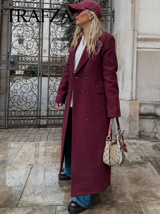 TRAFZA 2025 Fashion Women Burgundy Woolen Coat Double Breasted Long Sleeve Lapel Blends Jacket Female Autumn Winter Windbreaker-belleandkai.com