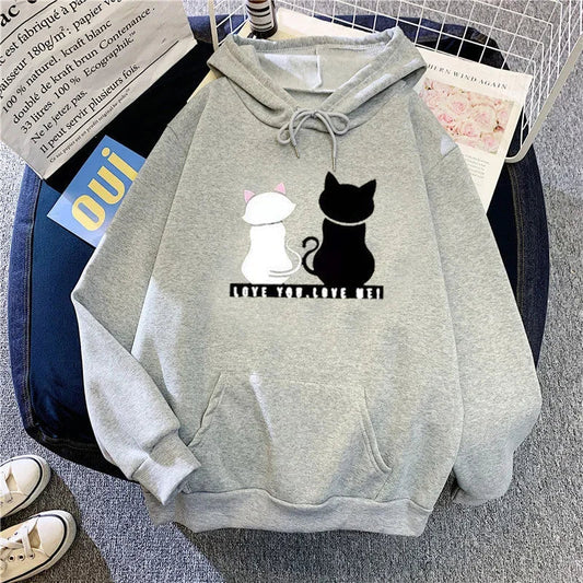 Women's Fleece Lined Hoodie Casual Cartoon Cat Print Oversize Loose Fit Autumn Winter Top Fashion Comfortable Streetwear-belleandkai.com