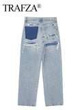 TRAFZA Jeans For Women 2024 Denim Solid Loose Zipper Fly Female Hole Trouser Pockets Wild Basic Commute Woman Wide Leg Long Pant-belleandkai.com