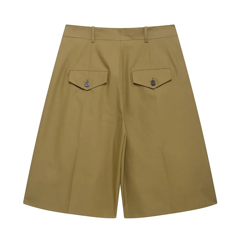Willshela Women Fashion With Pockets Green Pleated Front Zipper Mini Shorts Vintage High Waist Female Chic Lady Shorts-belleandkai.com