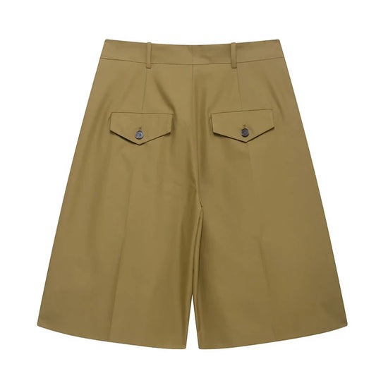 Willshela Women Fashion With Pockets Green Pleated Front Zipper Mini Shorts Vintage High Waist Female Chic Lady Shorts-belleandkai.com
