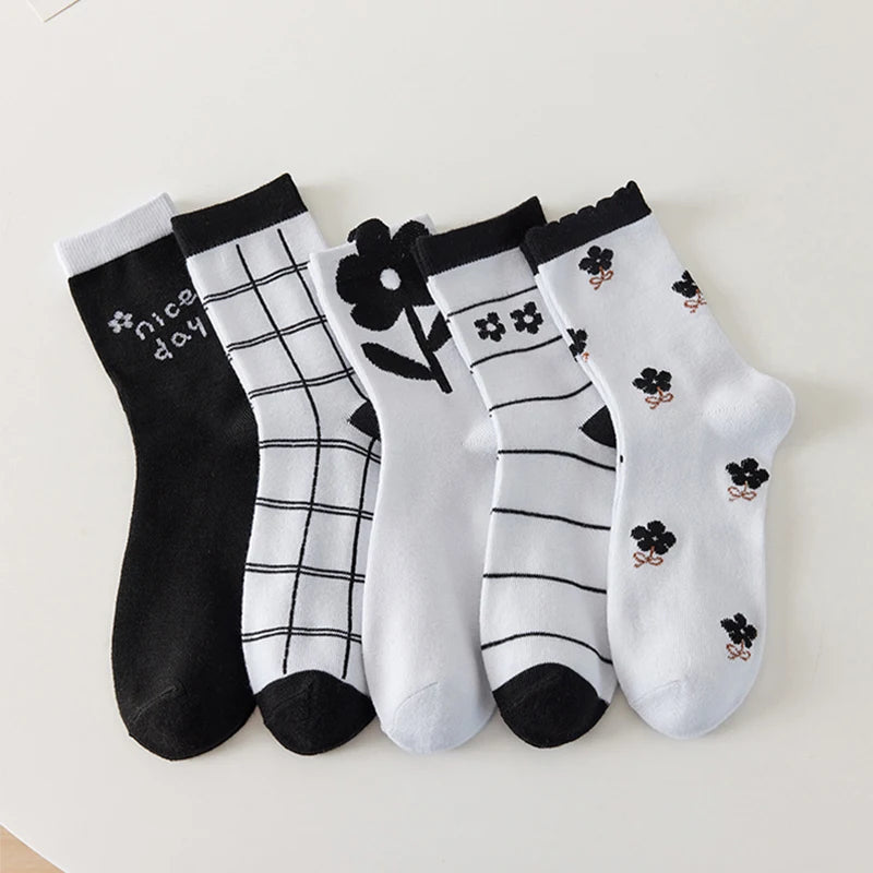 5 Pairs/Lot Socks Women's Cotton Print Short Ankle Set White Sports Cycling Running Compression Summer Breathable-belleandkai.com