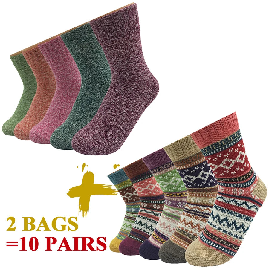 5 Pairs/Lot Wool Socks Women Winter Japanese Harajuku  Bohemian Cashmere Warm Colorful Socks Ladies Girl Christmas Gift 5 Styles-belleandkai.com