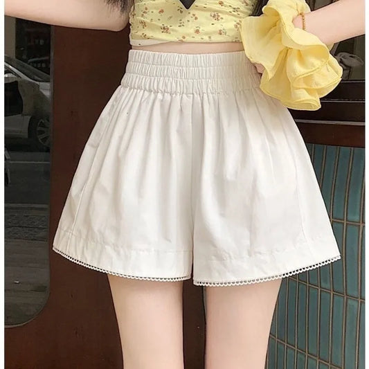 Large Size Lace Patchwork Casual Shorts Women Summer Simplicity Office Lady Solid Color Wide Leg Fashion All-match Straight-belleandkai.com