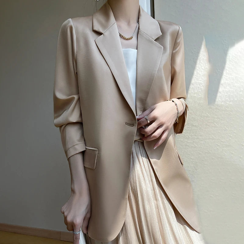 Women Blazers Spring Summer New Fashion Korean Silk Satin Suit V-neck Loose Top Jacket Single Button Suit Blazers Outerwear-belleandkai.com