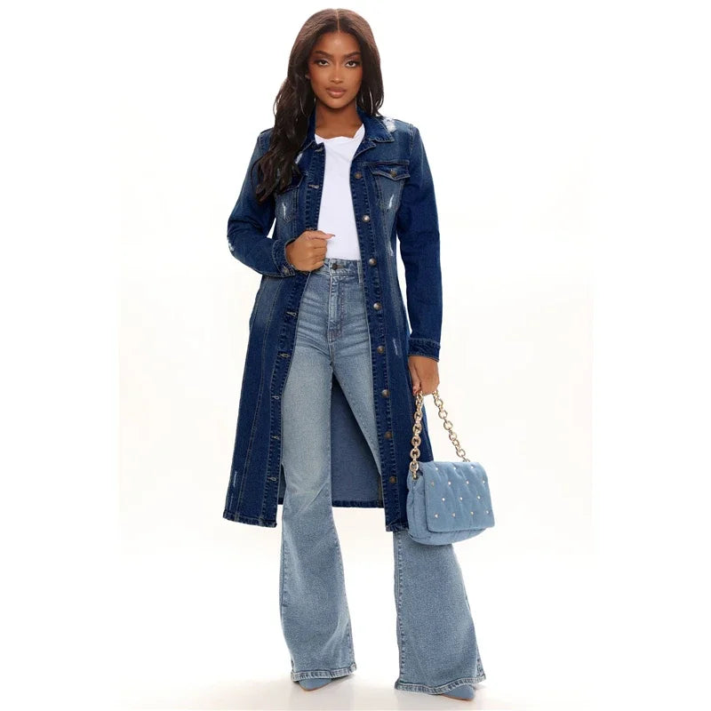 New Arrival Fashion Hole Cotton Autnmn Winter Long Denim Jacket 2023 Trench Coat Cardigan Jeans Cape Women Long Sleeve Jean Coat-belleandkai.com