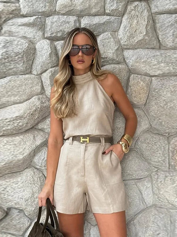 Cotton Linen Shorts Sets For Women Elegant Sleeveless Chic Vest High Waist Shorts 2 Pieces Sets Office Lady Street Outfits-belleandkai.com
