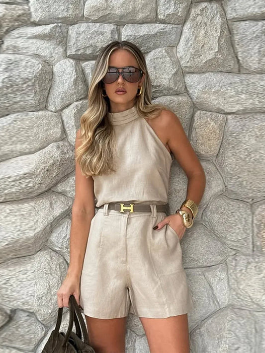 Cotton Linen Shorts Sets For Women Elegant Sleeveless Chic Vest High Waist Shorts 2 Pieces Sets Office Lady Street Outfits-belleandkai.com