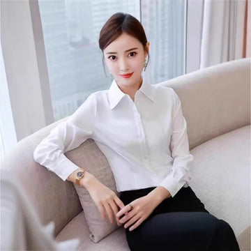 Slim Fit Workwear Shirt Women's Formal Long Sleeve Blue White Spring Summer Autumn Office Uniform Polo Collar Button Decoration-belleandkai.com