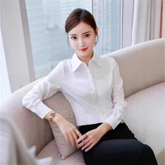 Slim Fit Workwear Shirt Women's Formal Long Sleeve Blue White Spring Summer Autumn Office Uniform Polo Collar Button Decoration-belleandkai.com