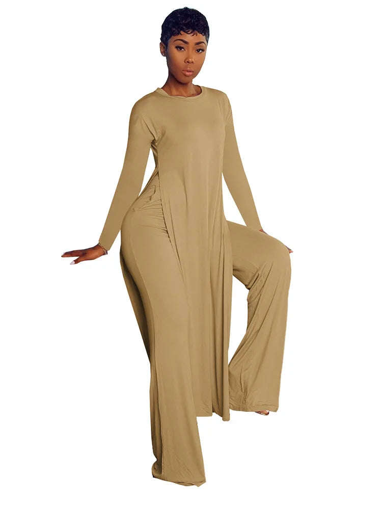 CM.YAYA Solid Classic Women's Set Long Sleeve High Slit X-long Tee Top Straight Pant Suit Tracksuit Fitness Two 2 Piece Outfits-belleandkai.com