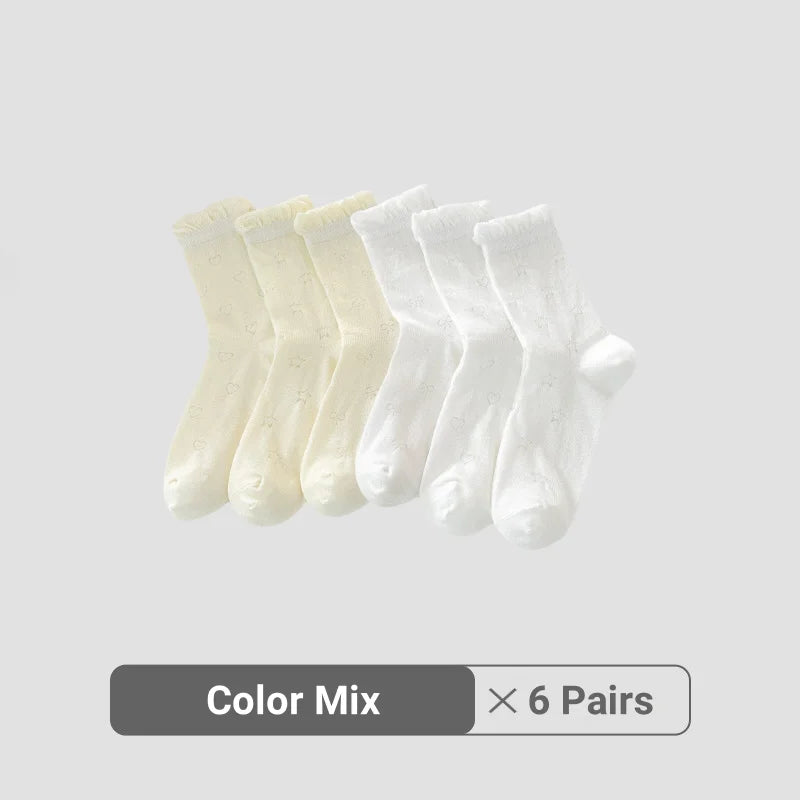 Women White Cream Lace Stackable Mid Calf Socks Bow Heart Star Design K-Style Spring Summer Thin Socks-belleandkai.com