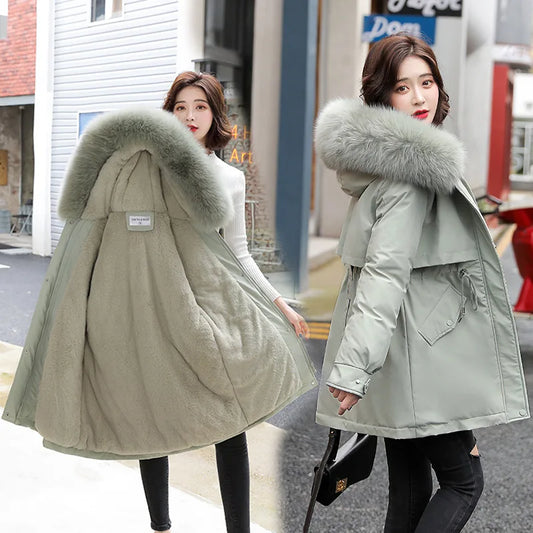 Women Parka Fashion Long Coat Wool Liner Hooded Parkas 2023 New Winter Jacket Slim with Fur Collar Warm Snow Wear Padded Clothes-belleandkai.com