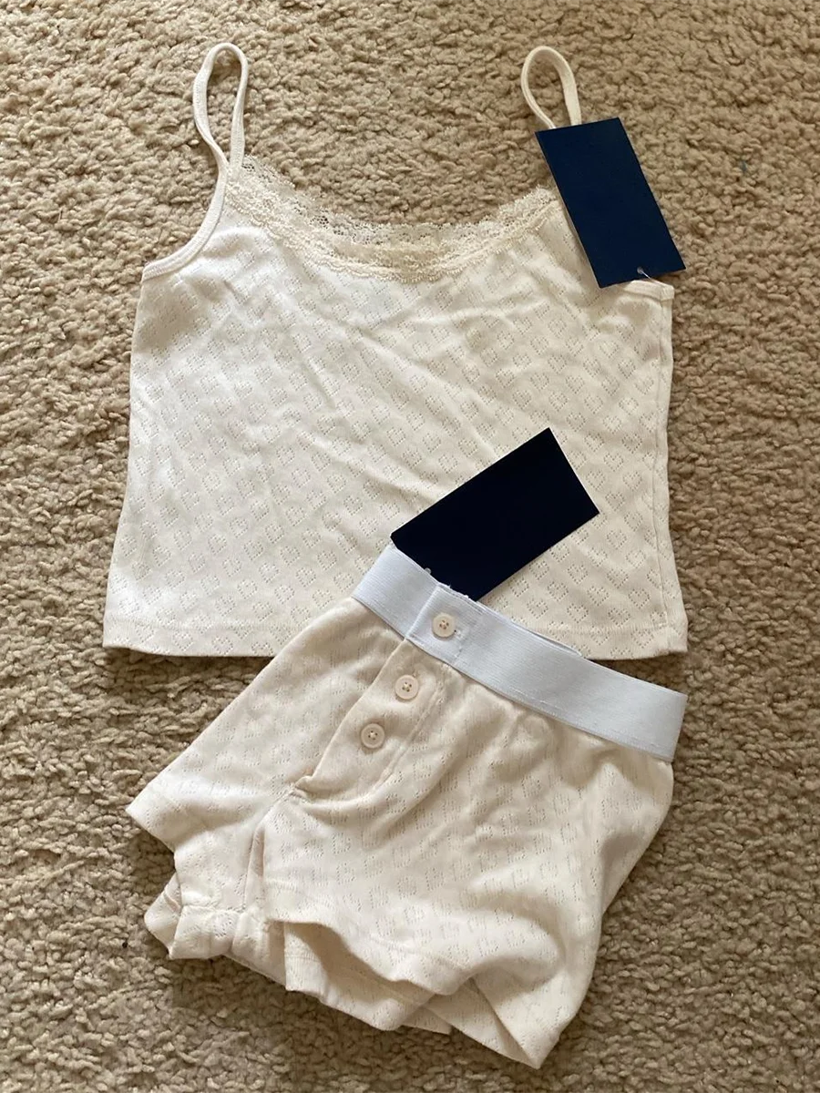 Strawberry Vest Shorts 2 Pieces Set Woman Eyelet Bow Slim Tank Top with Elastic Waist Patchwork Straight Short Pant Sweet Sets-belleandkai.com