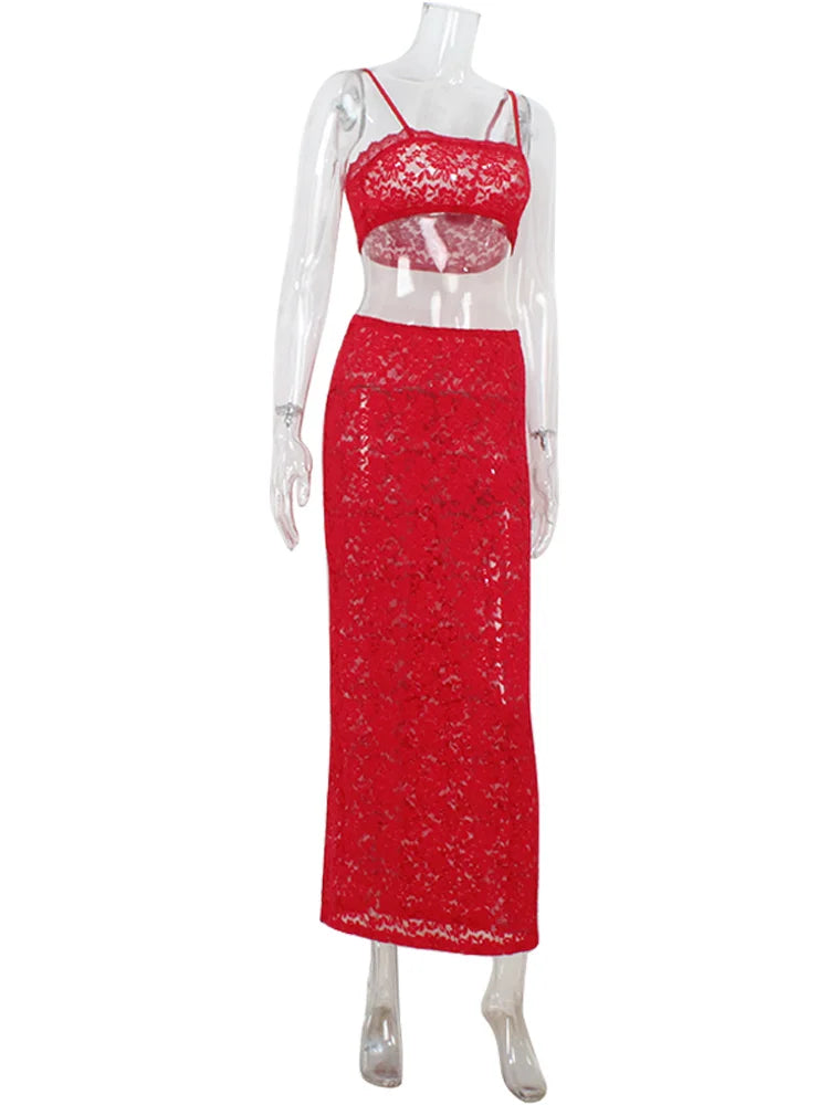 Ahagagag Sexy Lace Women's Sets Suits Fashion Straps Sheath Beach Style Sleeveless Backless Sheer Elegant Female Tracksuits-belleandkai.com