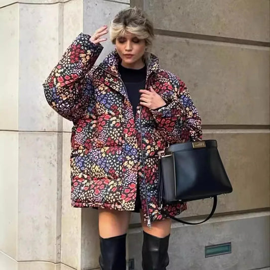 New Turtleneck Casual Coat Women Cotton Fashion Jacket Print Long Sleeve Zipper Thick Warm Women Jacket Retro Chic Clothes-belleandkai.com