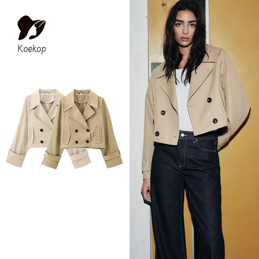 Koekop Women's Fashion Solid Color Trench Coat Style Jacket Coat Vintage Casual Chic Temperament Lady Short Jacket Coat-belleandkai.com